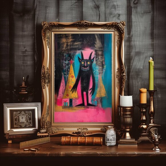 8.5x11 Crayon Style Creepy Neon Krampus Christmas Art Print - Picture 3 of 4